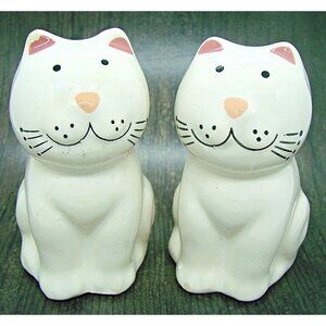 Pair of Ceramic Sitting Smiling Cat Salt & Pepper Shakers W/ Stoppers White Pink